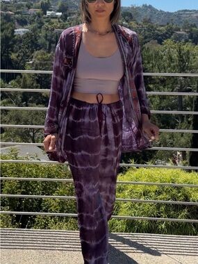 Sun Child 2PC silk Purple Tie-Dye Jacket & Pants Festival Coachella one size
